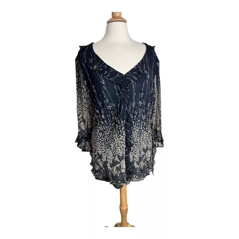 Avenue Silk Top Women Plus 26 28 Blouse Ruffle Chiffon Fairycore Black Beige